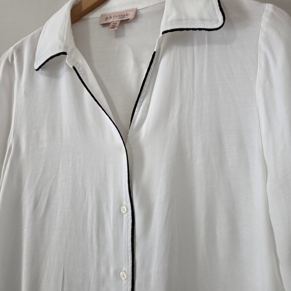 Philosophy Republic Clothing White Viscose Button Down Blouse Black Piping Med - Picture 2 of 6